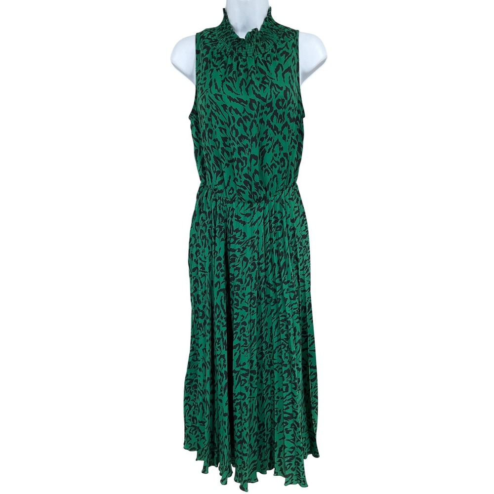 Banana Republic Midi Dress XS Green Animal Print Smocked High Neck Mobwife